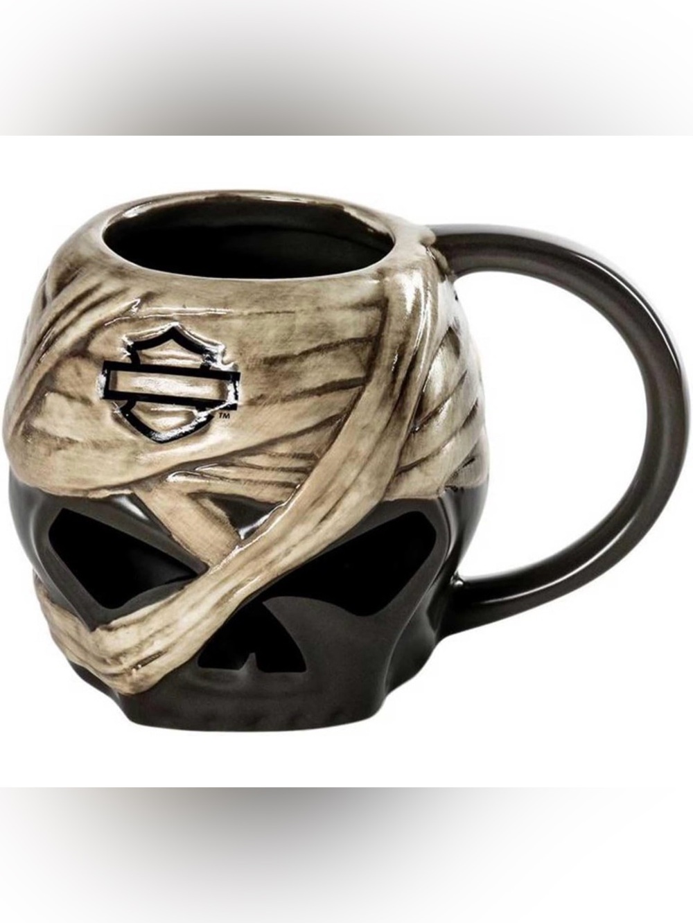 Harley-Davidson Black and Beige Skull Mummy Wrap Ceramic Mug NIB